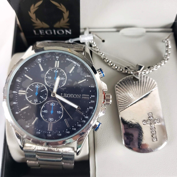 NEW!! Legion Mens Tachymeter Silver Watch & Necklace 62639 Stainless Steel Back - Picture 5 of 9